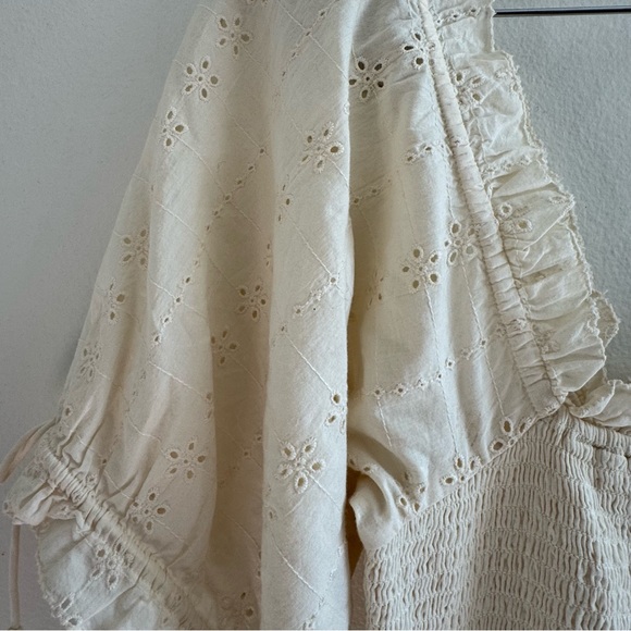 Cleobella Debbie Cream Smocked Off The shoulder Eyelet Mini Dress size Small - Picture 9 of 12